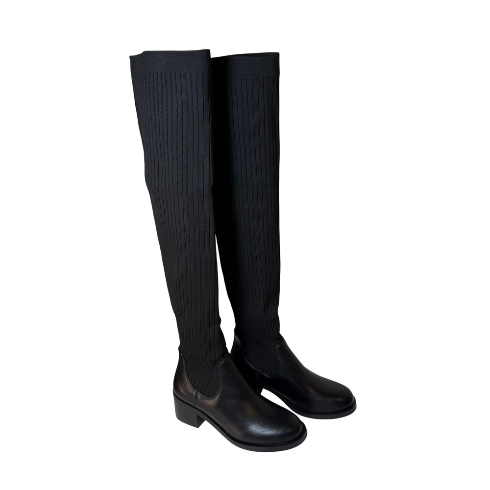 Current Mood Gia Black Thigh High Knit Sock Boots Block Heel Size 8 New in Box